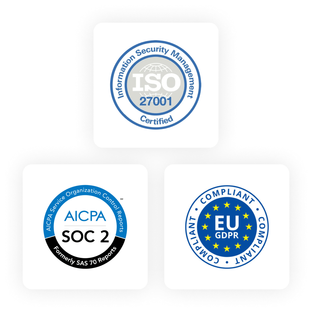 ISO 27001 Certified, SOC 2 and GDPR Compliant Badges
