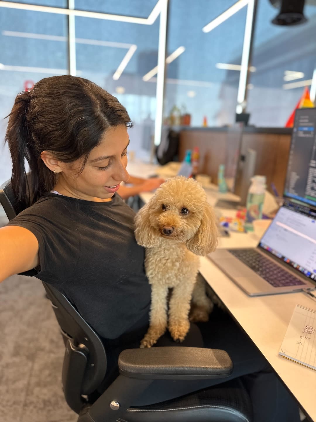 LinearB employee and their dog sitting at a computer.