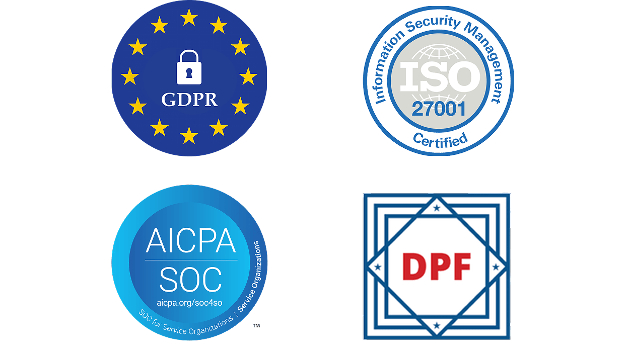 GDPR, ISI 27001, SOC and DPF Compliance Logos