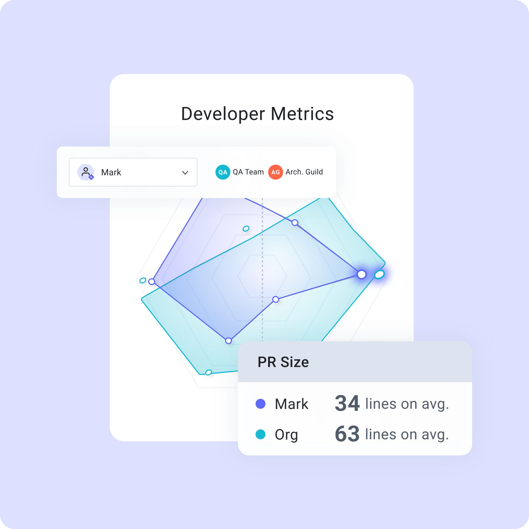 Developer Metrics spider chart showing average PR size