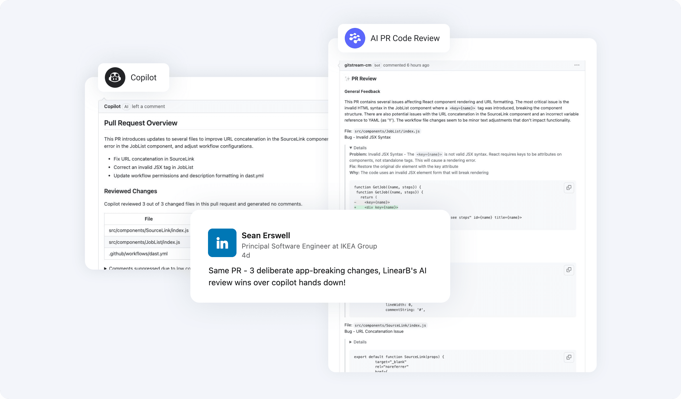 LinearB AI Code Review wins over copilot hands down.