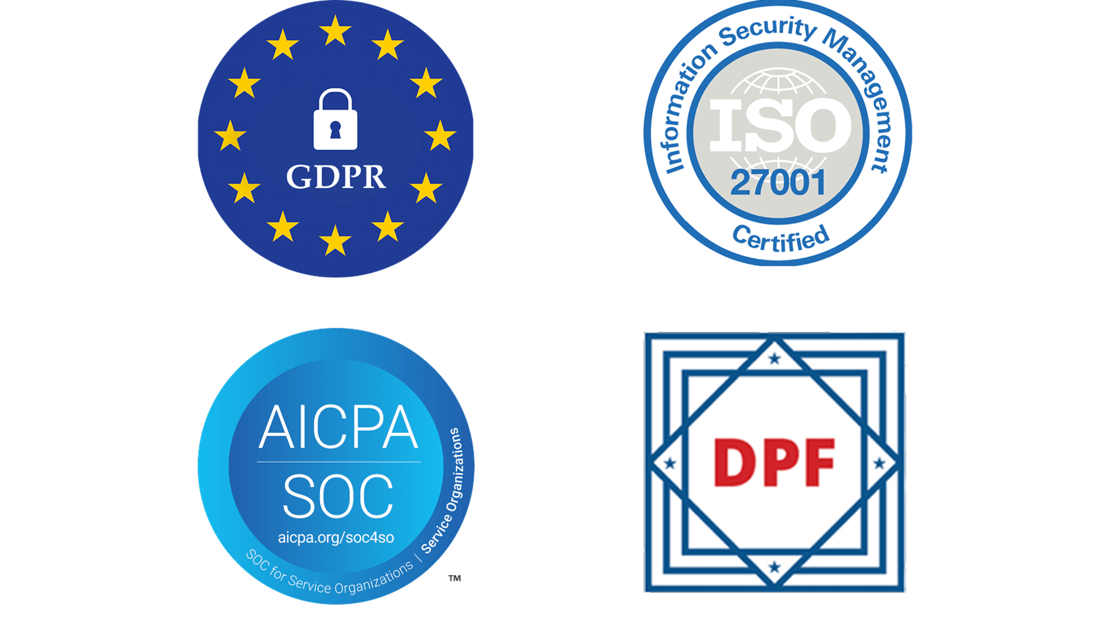GDPR, ISI 27001, SOC and DPF Compliance Logos