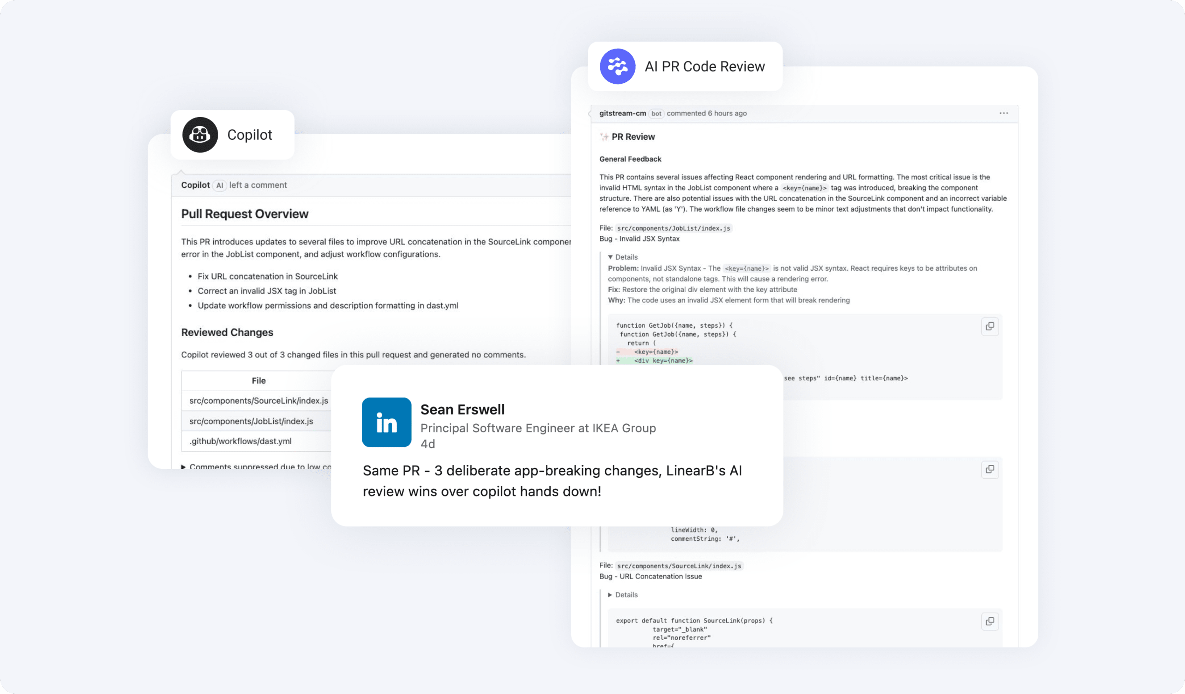 LinearB AI Code Review wins over copilot hands down.