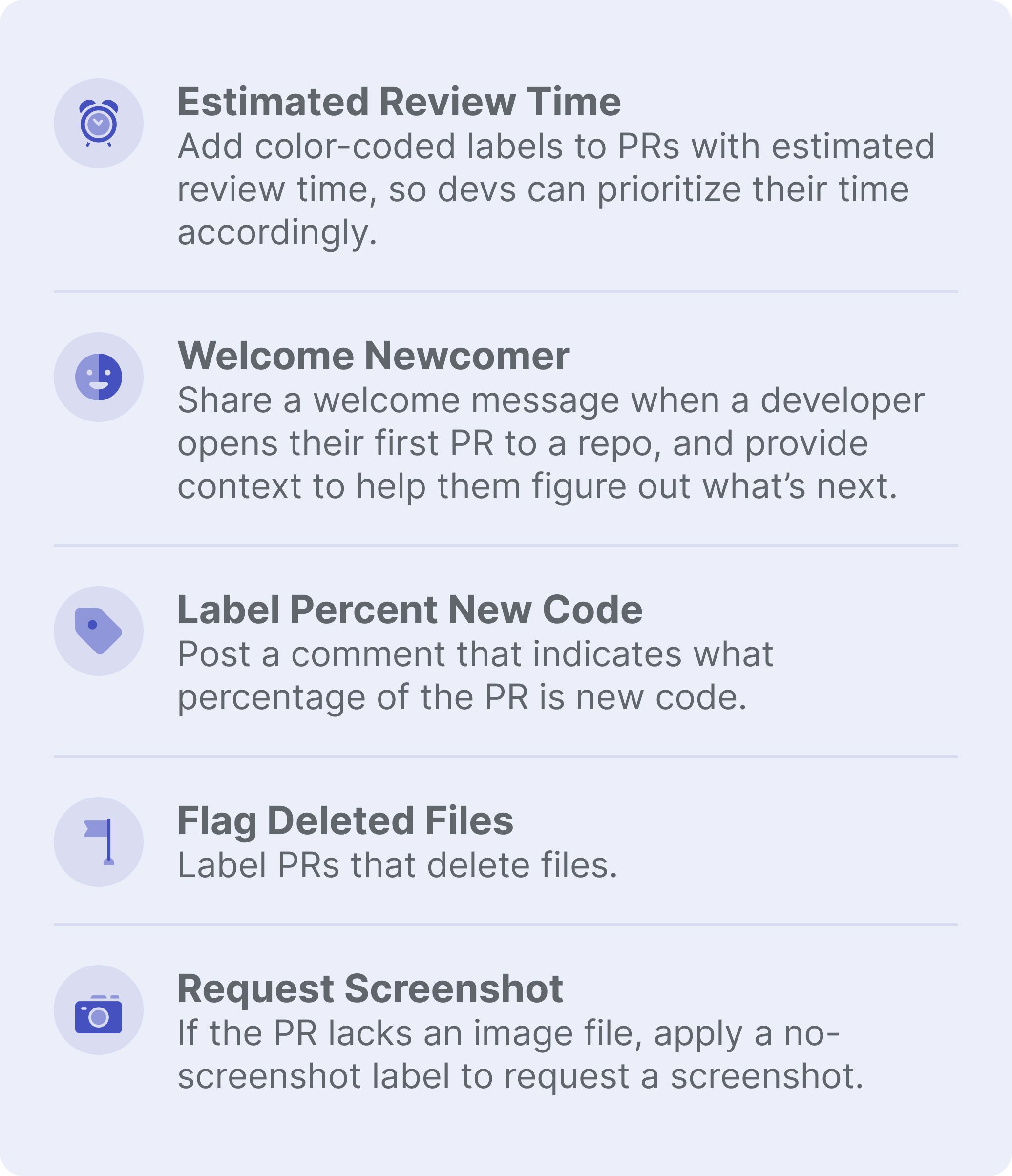 PR label options, including estimated review time, welcome newcomer, label percent new code, flag deleted files, and request screenshot.