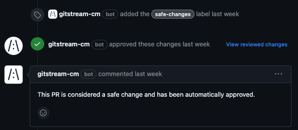 Screenshot showing gitStream bot activity in a pull request, including the addition of a 'safe-changes' label, automatic approval, and a comment explaining the PR was deemed a safe change and approved without manual intervention.