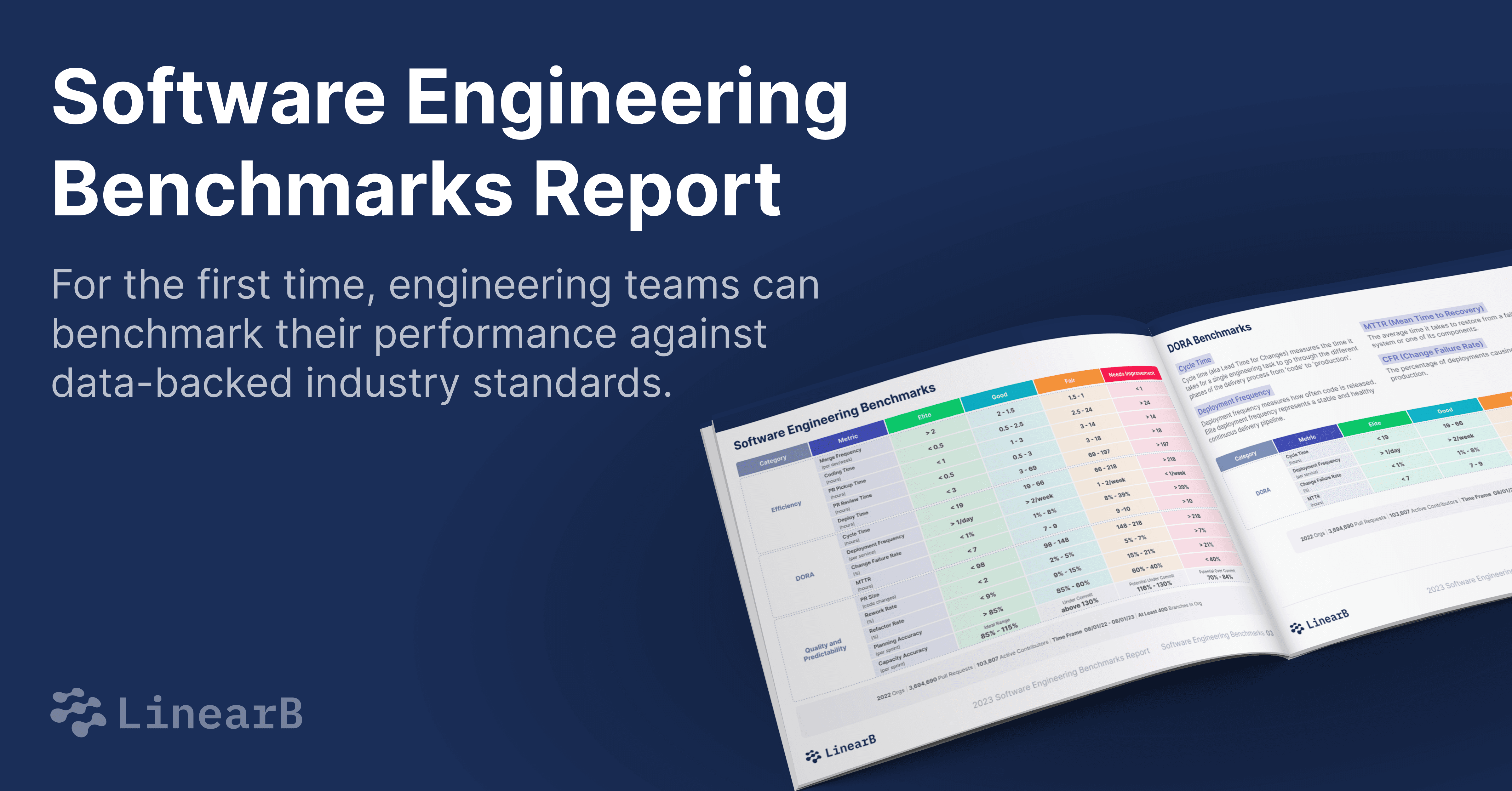 Graphic showing a printed version of the Software Engineering Benchmarks Report. 