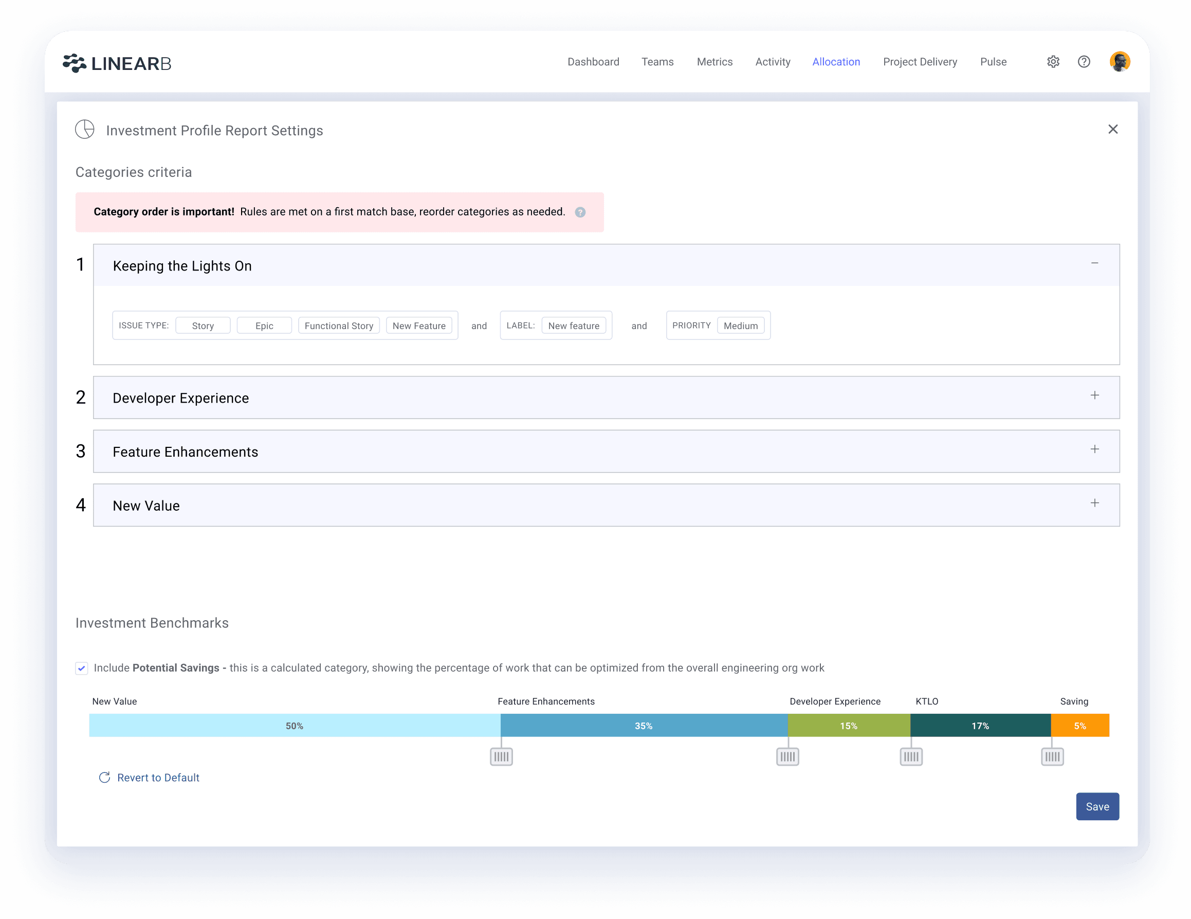  'Investment Profile Report Settings' panel within the LINEARB platform. The settings display allows configuration of categories criteria with specified rules for project categorization including 'Keeping the Lights On', 'Developer Experience', 'Feature Enhancements', and 'New Value'. Each category has defined attributes like issue type, label, and priority. The lower section includes sliders for adjusting investment benchmarks across categories with percentages indicating potential savings.