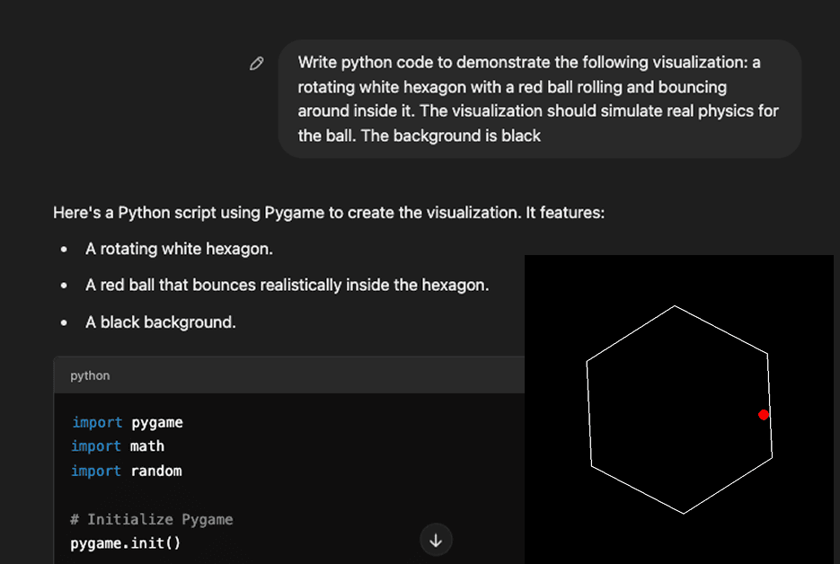 Screenshot of a coding request and Python script using Pygame to visualize a rotating white hexagon with a bouncing red ball on a black background. Demonstrates AI-assisted code generation for physics-based simulations in Python.