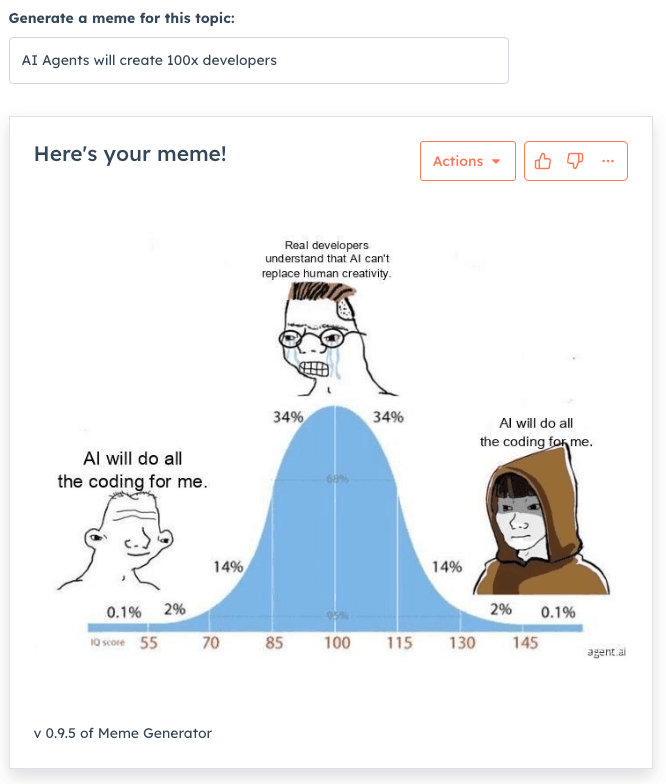 Meme illustrating perceptions of AI coding capabilities, using the intelligence bell curve format. The left and right extremes depict individuals believing AI will handle all coding, while the center acknowledges AI's limitations in replacing human creativity. Satirical take on AI's impact on software development.