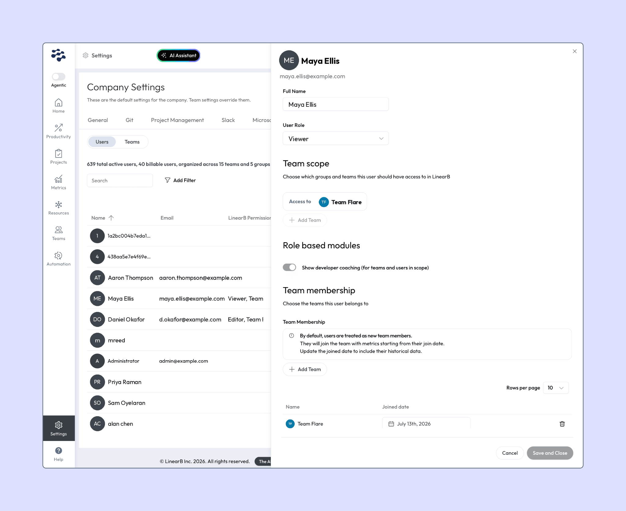 User permissions in LinearB, showing a viewer scoped to a single team, with the developer coaching toggle that controls whether they see individual contributor data for the teams in that scope.