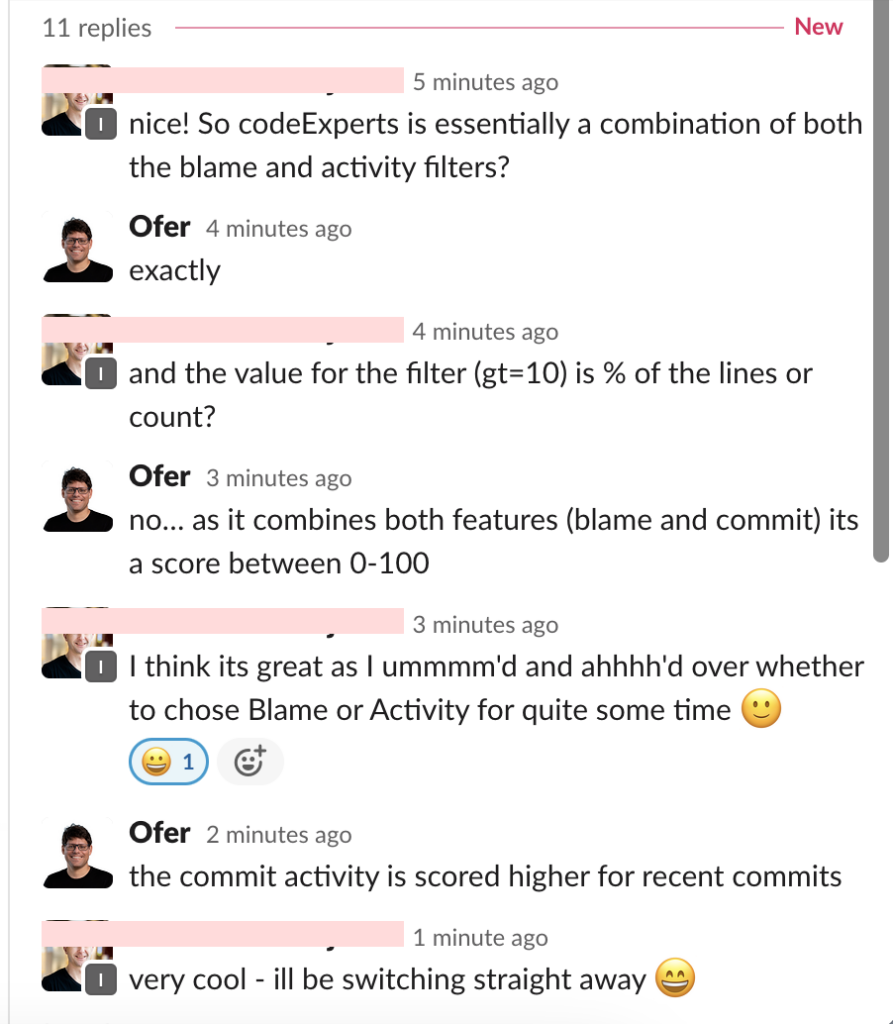 codeExperts Customer Slack convo: So codeExperts is essentially a combination of both the blame and activity filters? Exactly!