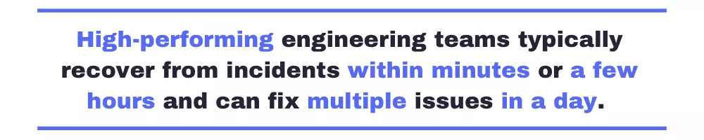 Quote: Highperforming engineering teams typically recover from incidents within minutes or a few hours and can fix multiple issues in a day. 