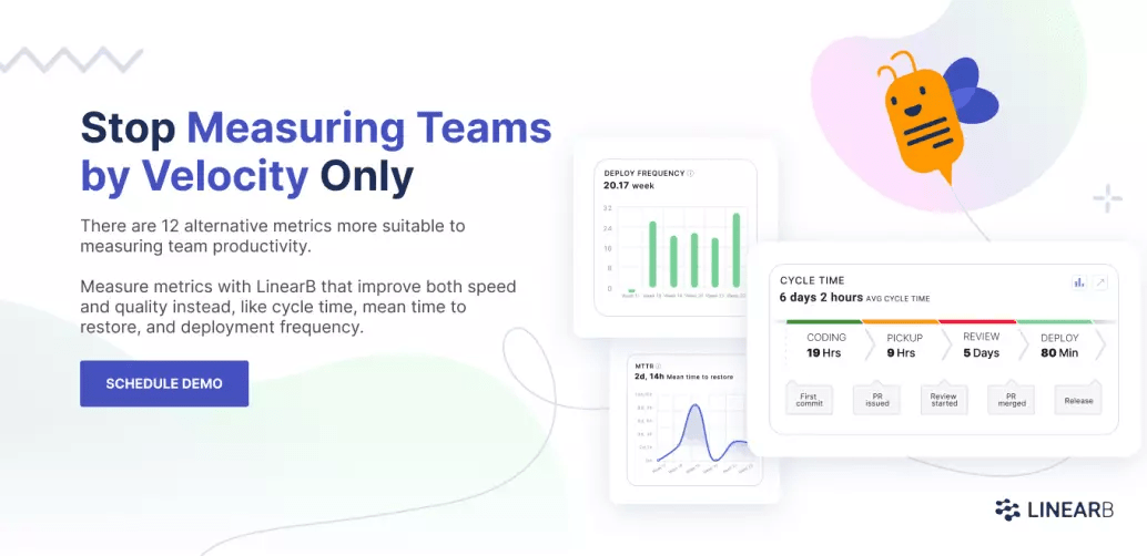 Stop measuring teams by velocity only. There are 12 alternative metrics more suitable to measuring team productivity. Measure metrics with LinearB that improve both speed and quality instead, like cycle time, mean time to restore, and deployment frequency.