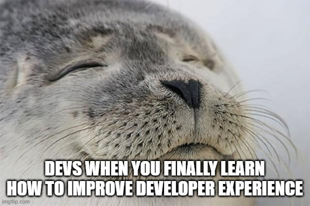 Meme of a satisfied seal saying "Devs when you finally learn how to improve developer experience"