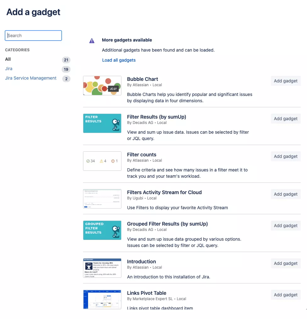 screenshot of add a gadget dialog to Jira dashboard